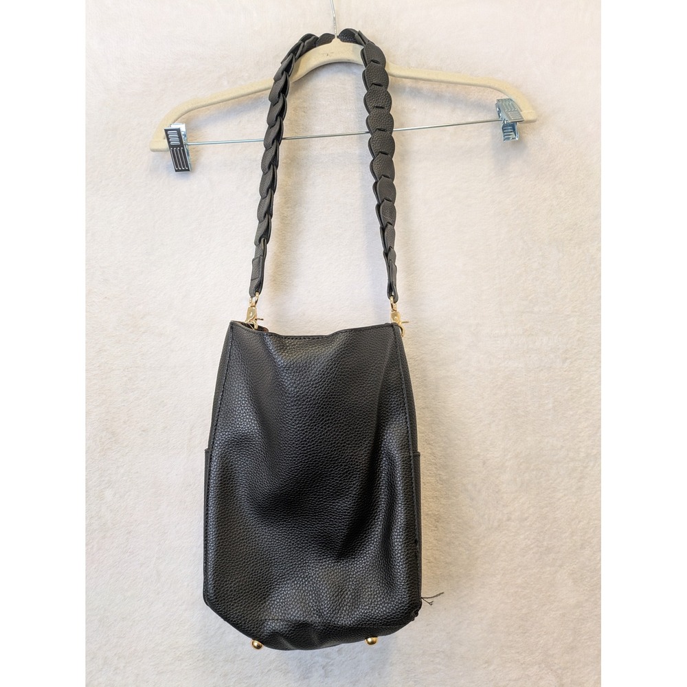 SevenDays Black Pebbled‎ Faux Leather Bucket Bag Braided Strap NWT